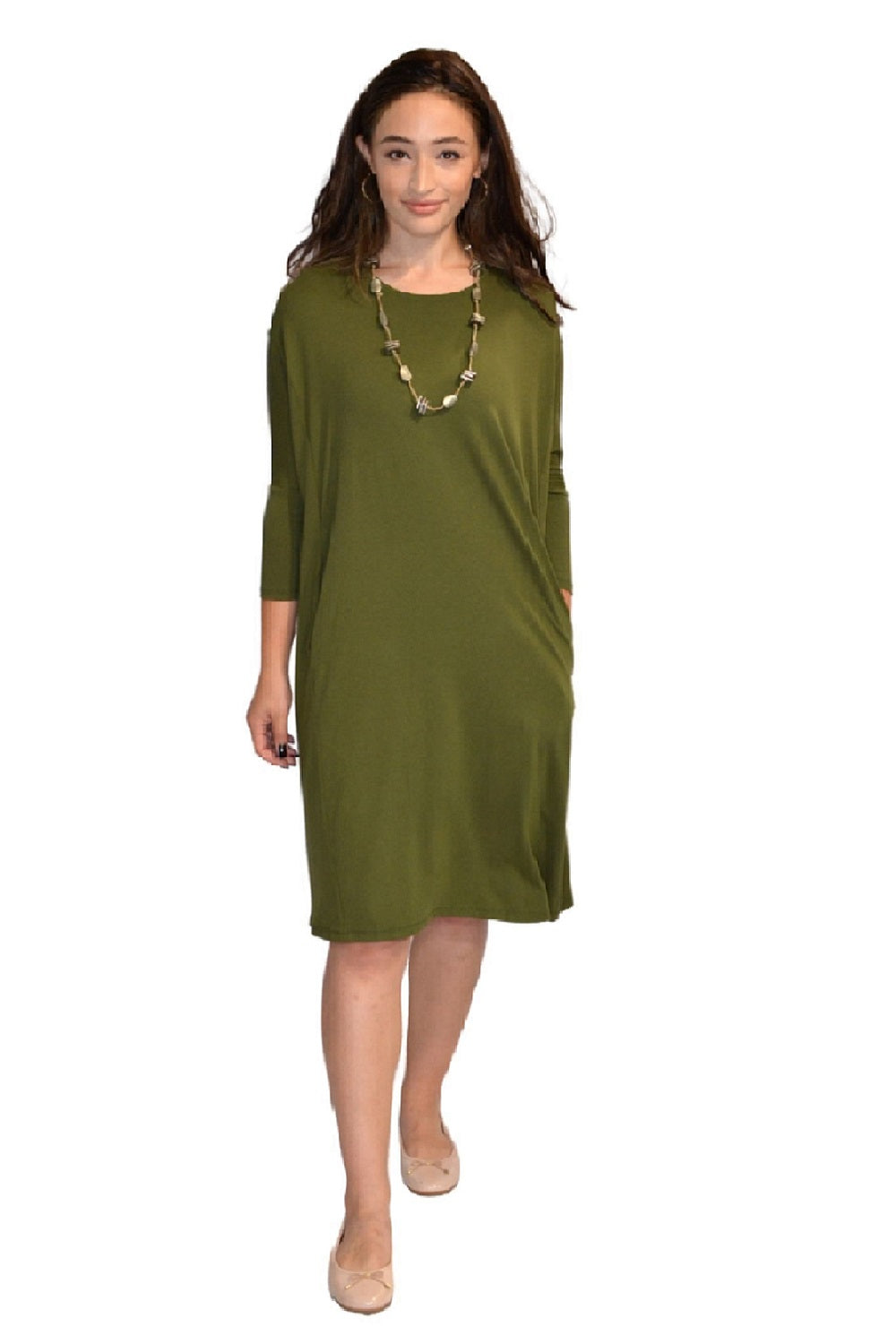 Relaxed Fit Modest 3/4 Sleeve Knee-Length Dress with Pockets by Kosher Casual USA