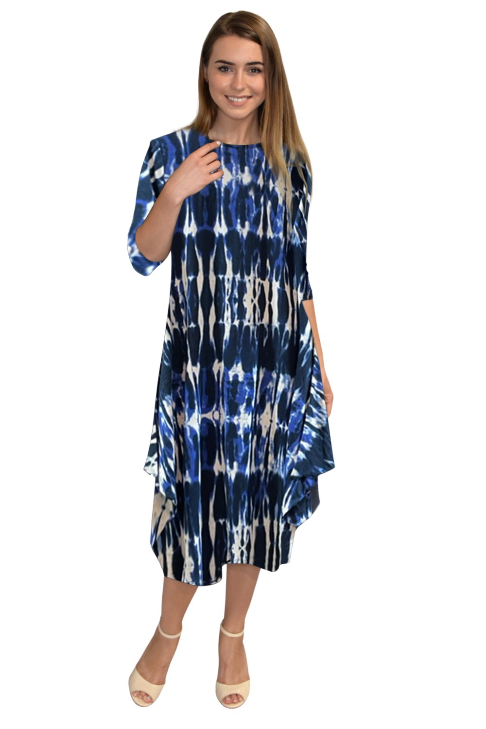Flowing Midi Dress with 3/4 Sleeves and Dramatic Drape by Kosher Casual USA