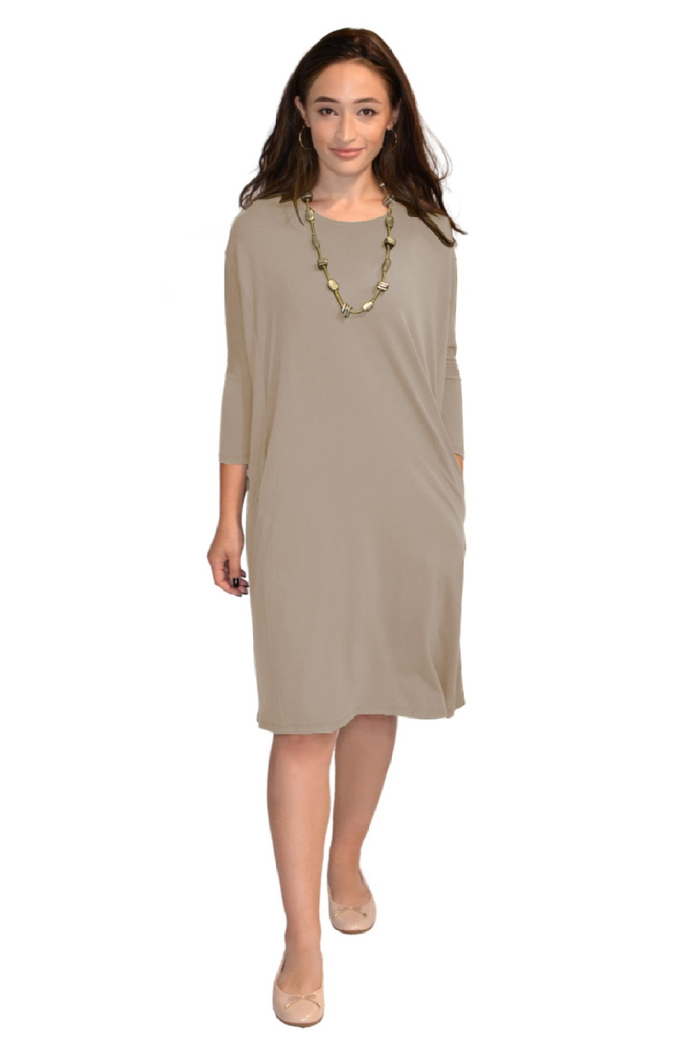 Relaxed Fit Modest 3/4 Sleeve Knee-Length Dress with Pockets by Kosher Casual USA