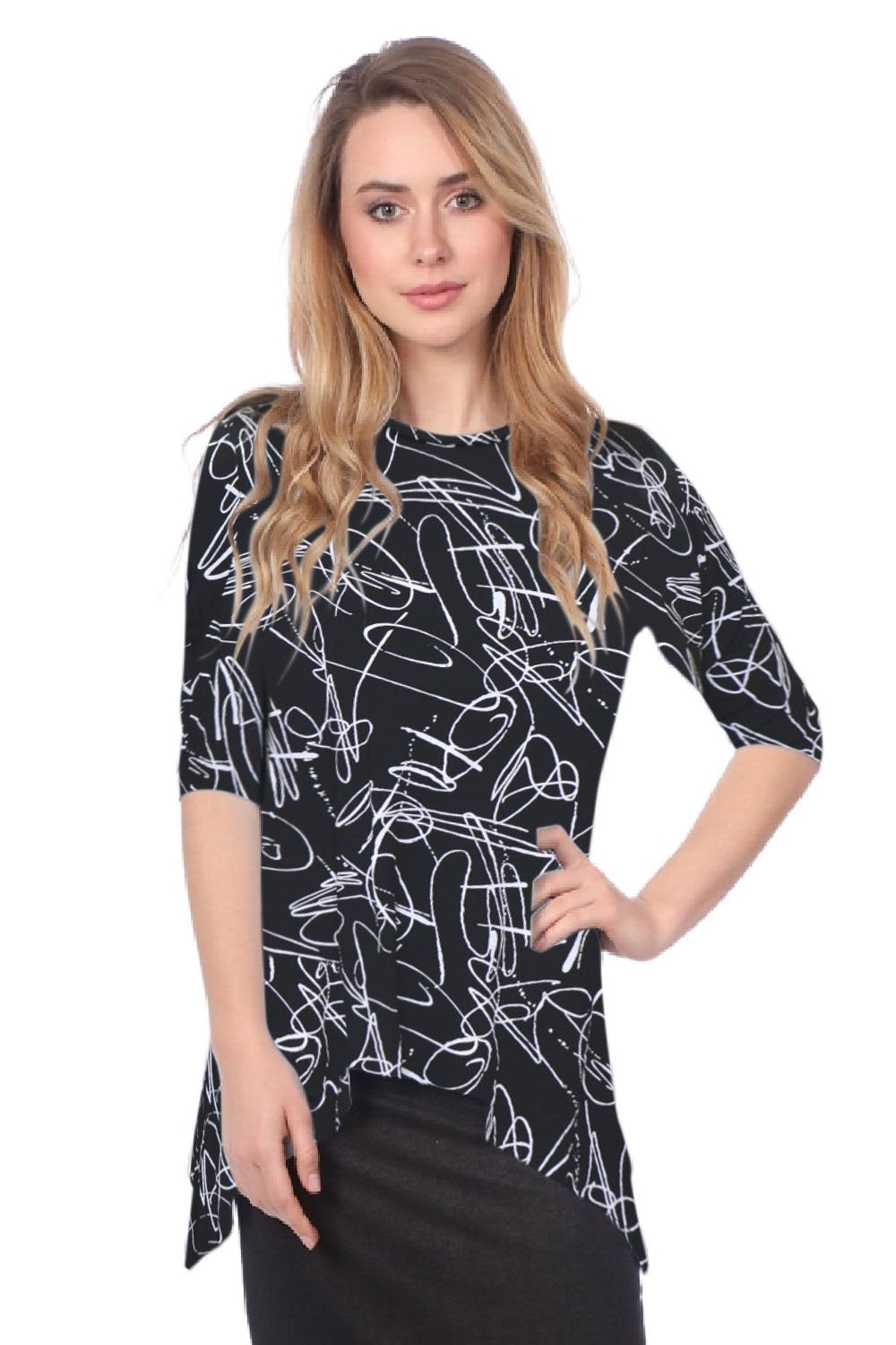 Modest Handkerchief Tunic Top - 3/4 Sleeve Comfort Flow Design by Kosher Casual USA