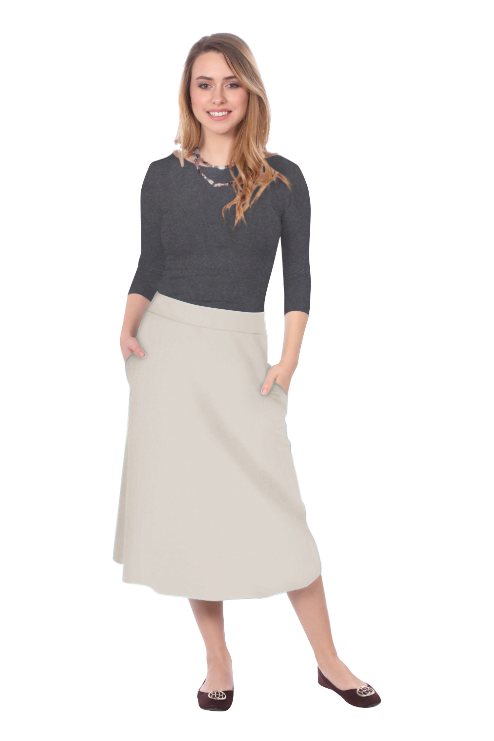 The Perfect A-Line Midi Skirt with Pockets by Kosher Casual USA
