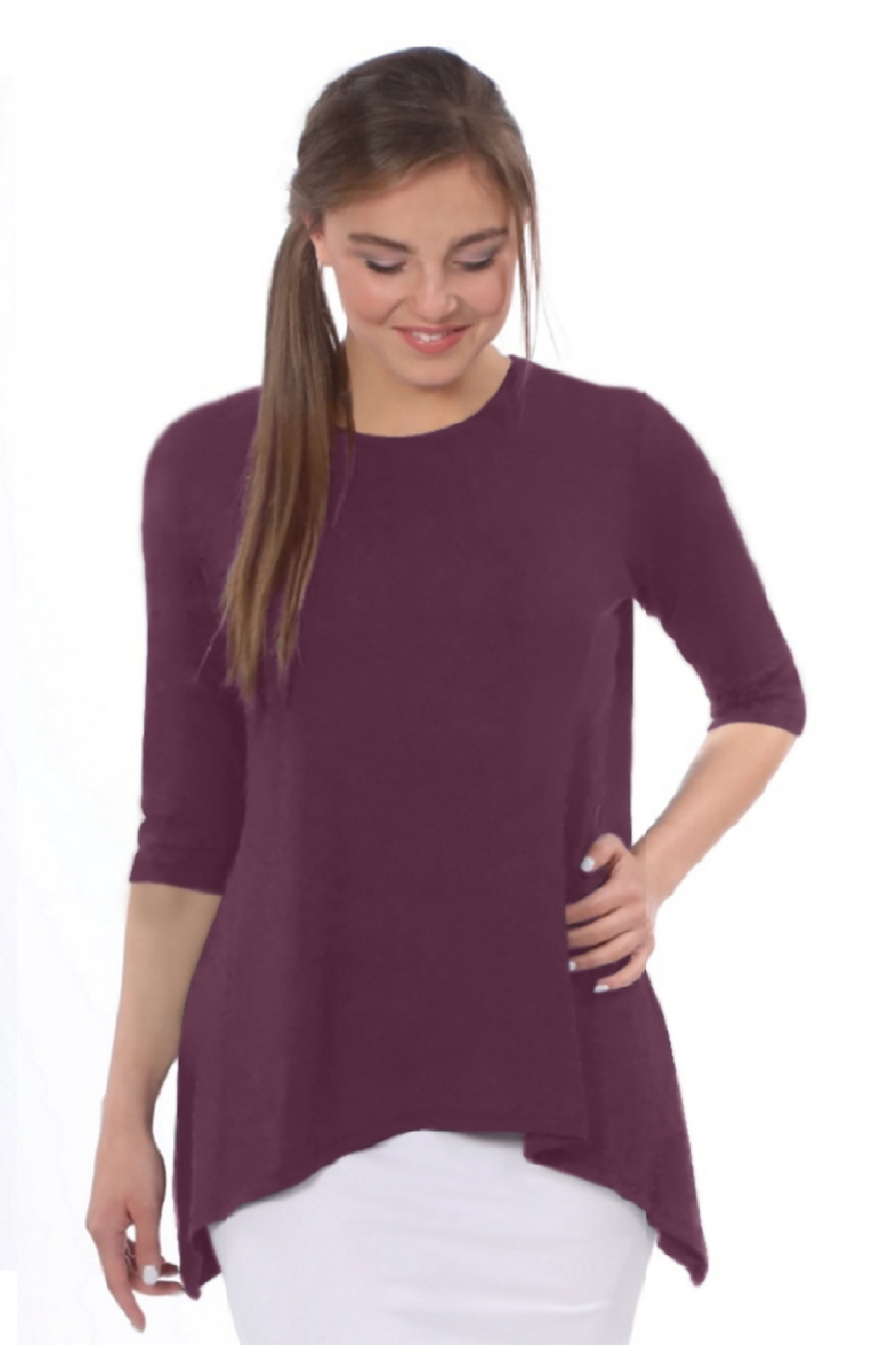 Modest Handkerchief Tunic Top - 3/4 Sleeve Comfort Flow Design - Solid Colors