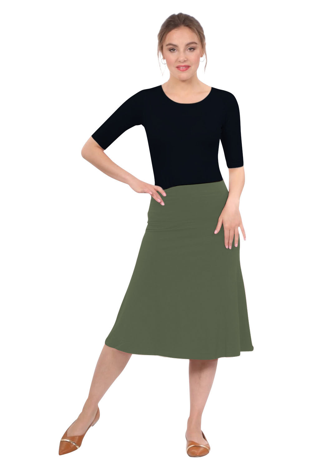 Sleek A-Line Adjustable Waist Midi Skirt with Fold-Over Waistband by Kosher Casual USA
