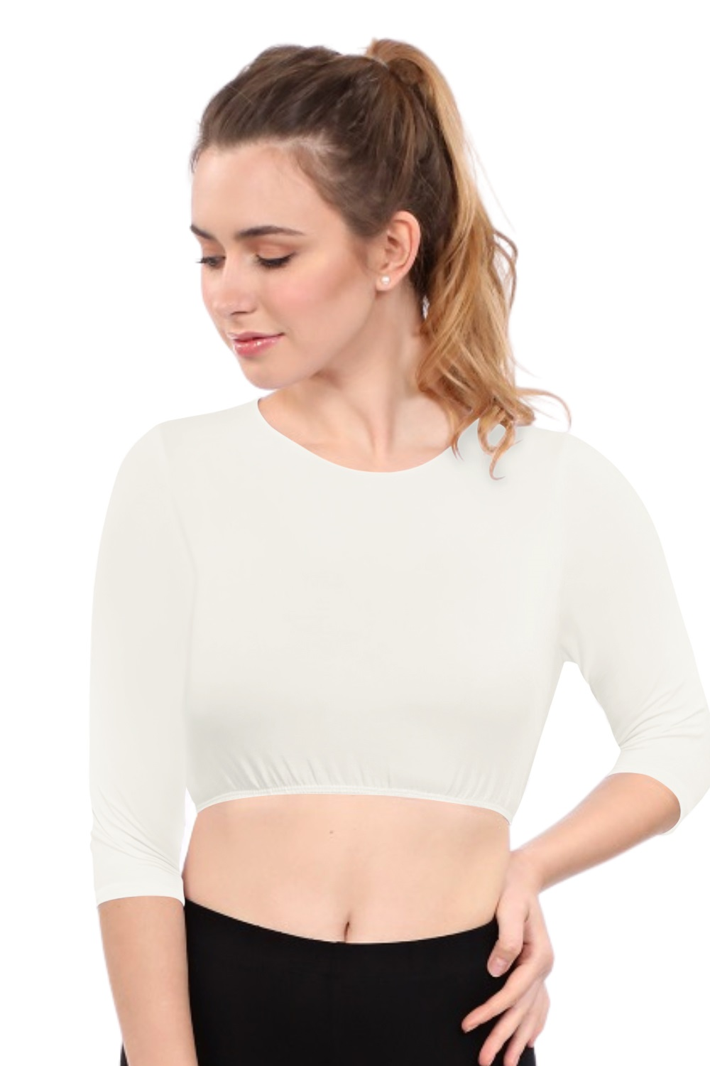 Modest Neck Cropped Layering - Cotton Spandex 3/4 Sleeve Shell Top by Kosher Casual USA