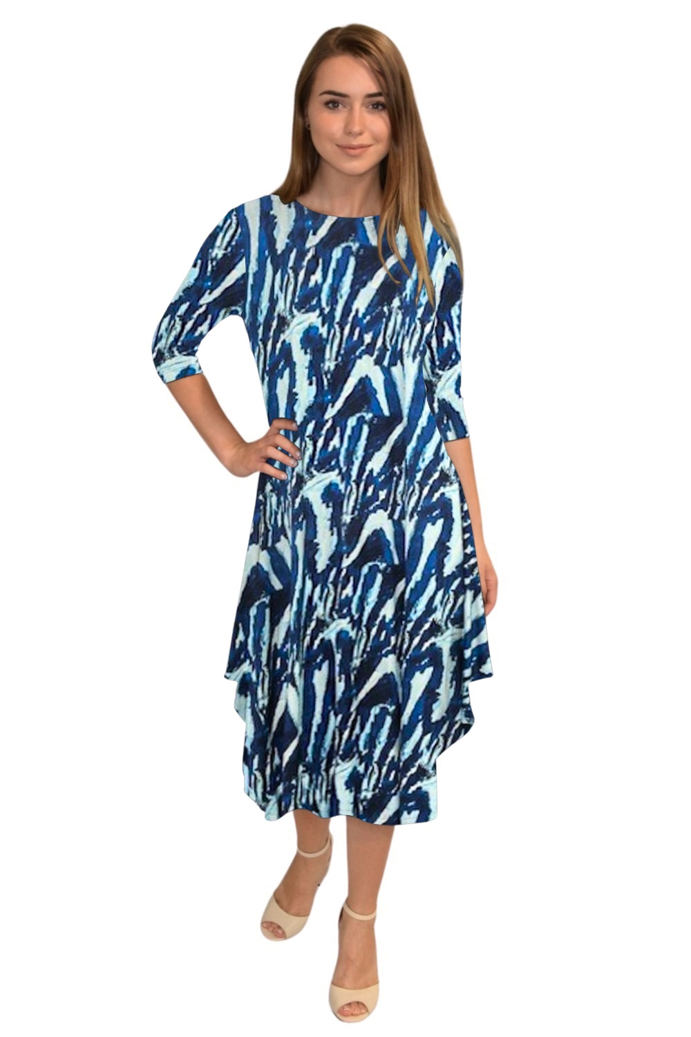 Flowing Midi Dress with 3/4 Sleeves and Dramatic Drape by Kosher Casual USA