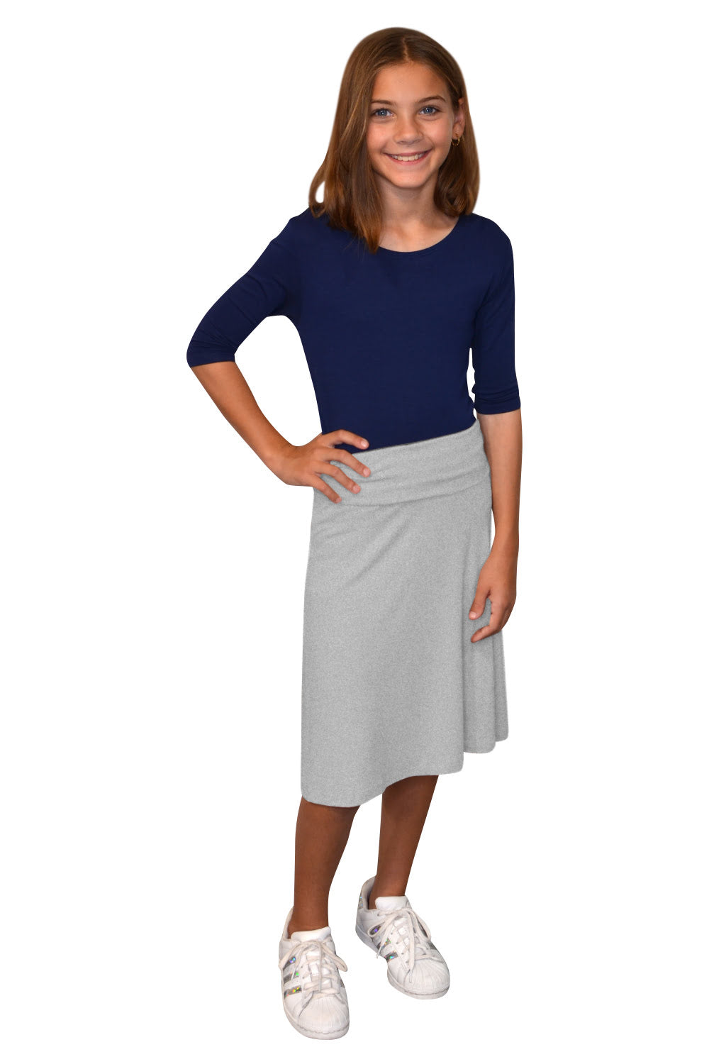 Girls A-Line Midi Skirt with Adjustable Fold-Over Waist by Kosher Casual USA