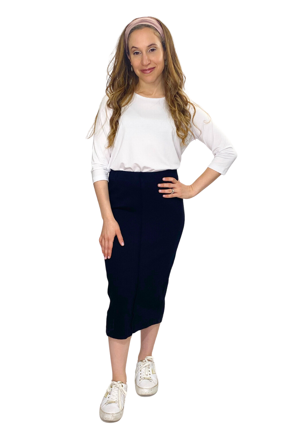 Mid-Calf Cotton Spandex Ribbed Pencil Skirt with Stylish Center Seam by Kosher Casual USA