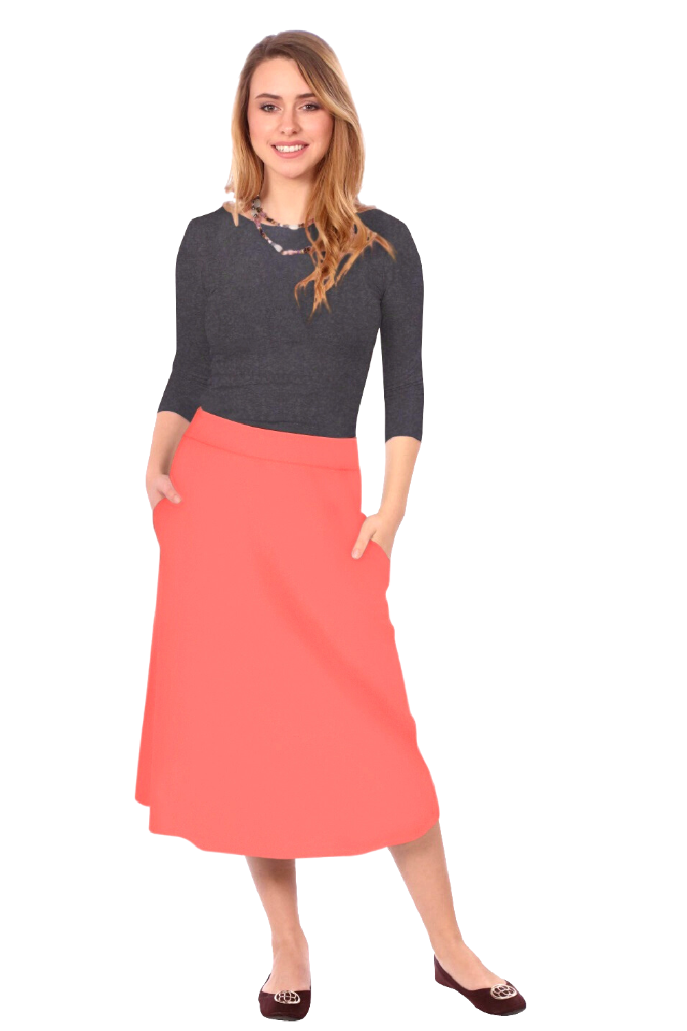 The Perfect A-Line Midi Skirt with Pockets by Kosher Casual USA