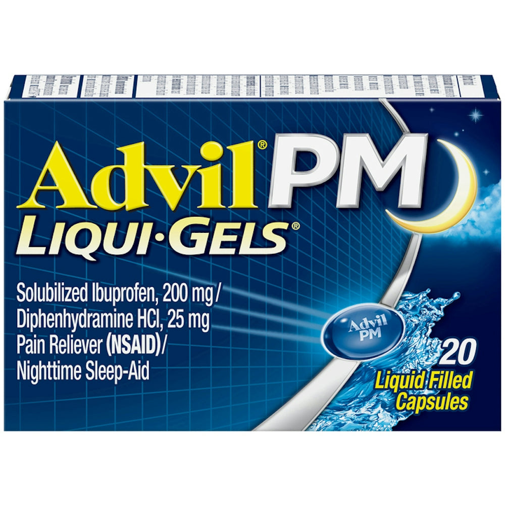 Advil PM (20 Count) Pain Reliever / Nighttime Sleep Aid Liquid Filled Capsule 200Mg Ibuprofen 25Mg Diphenhydramine by Pasteur Pharmacy