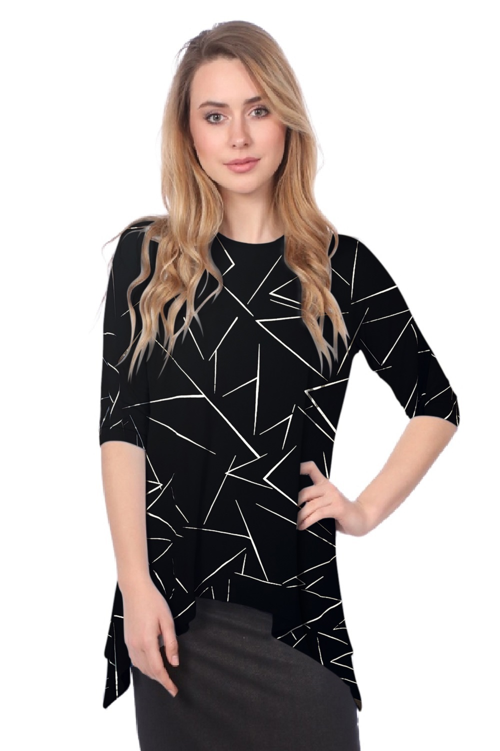Modest Handkerchief Tunic Top - 3/4 Sleeve Comfort Flow Design by Kosher Casual USA