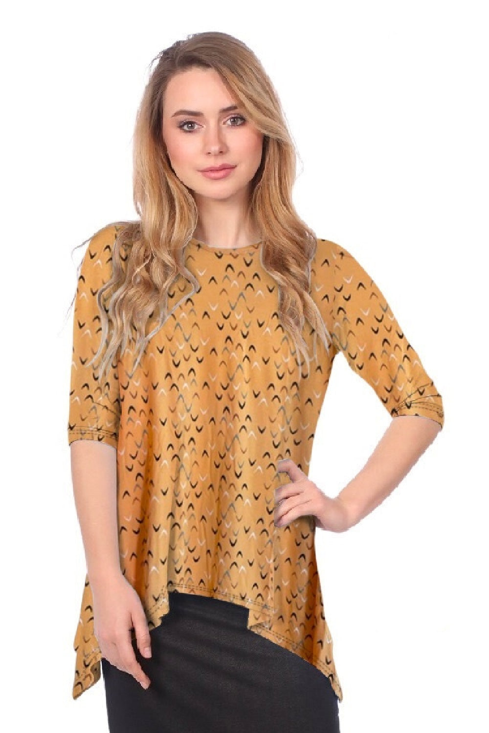 Modest Handkerchief Tunic Top - 3/4 Sleeve Comfort Flow Design by Kosher Casual USA