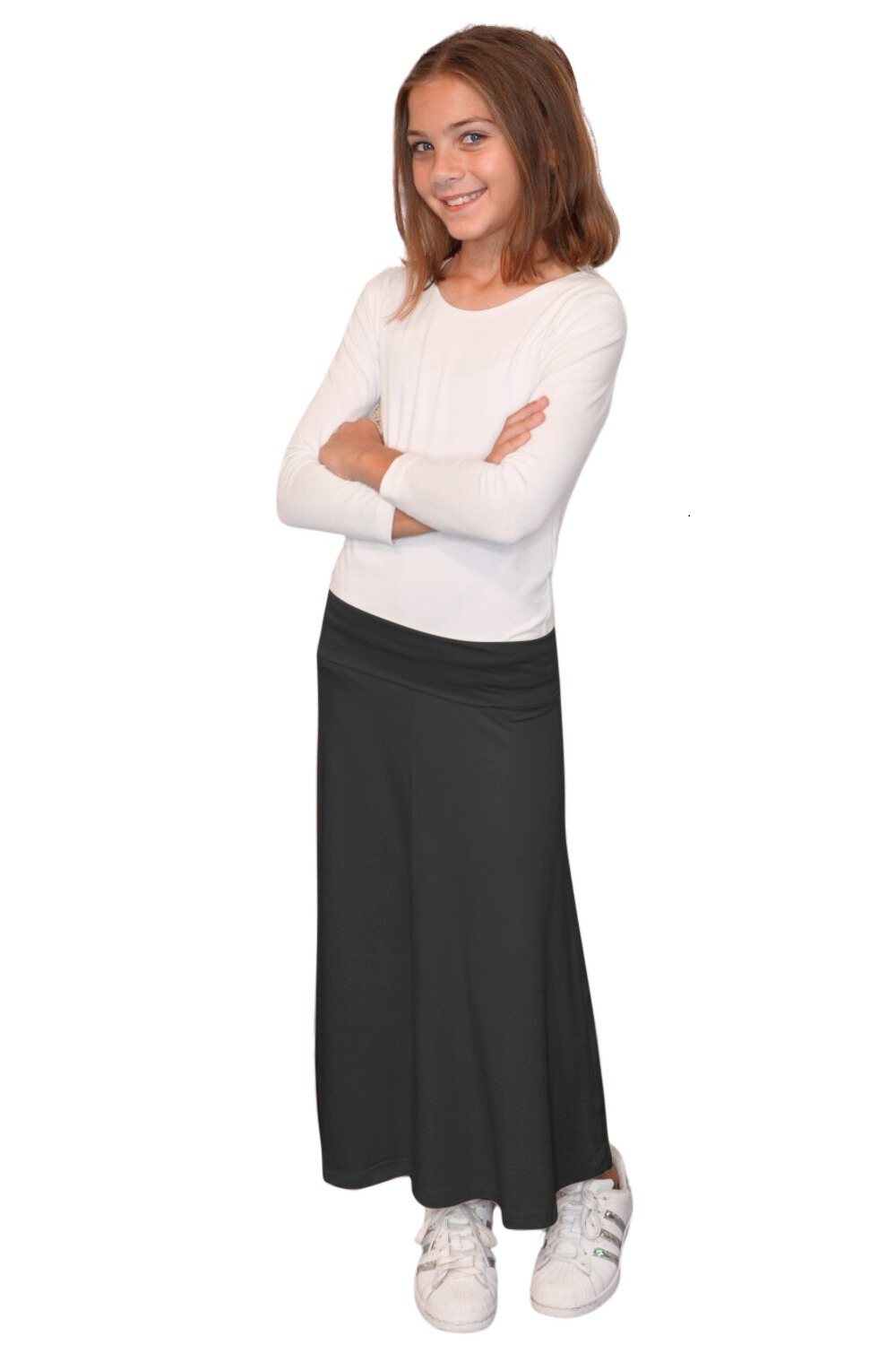 Girls Sleek A-Line Maxi Skirt with Adjustable Waist by Kosher Casual USA