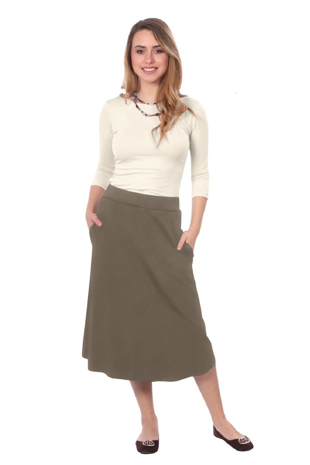 The Perfect A-Line Midi Skirt with Pockets by Kosher Casual USA