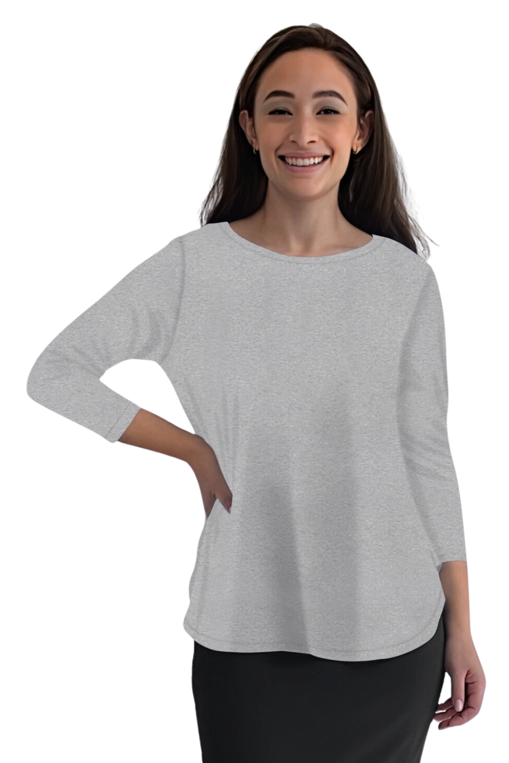 Curved Side Hem Tunic with 3/4 Sleeves and Modest Crew Neckline by Kosher Casual USA