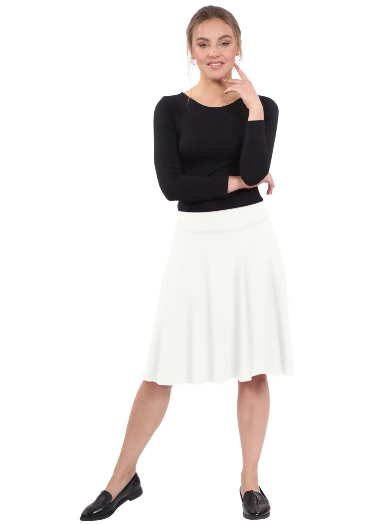 Knee Length A-Line Skater Skirt with Full Elastic Waist by Kosher Casual USA