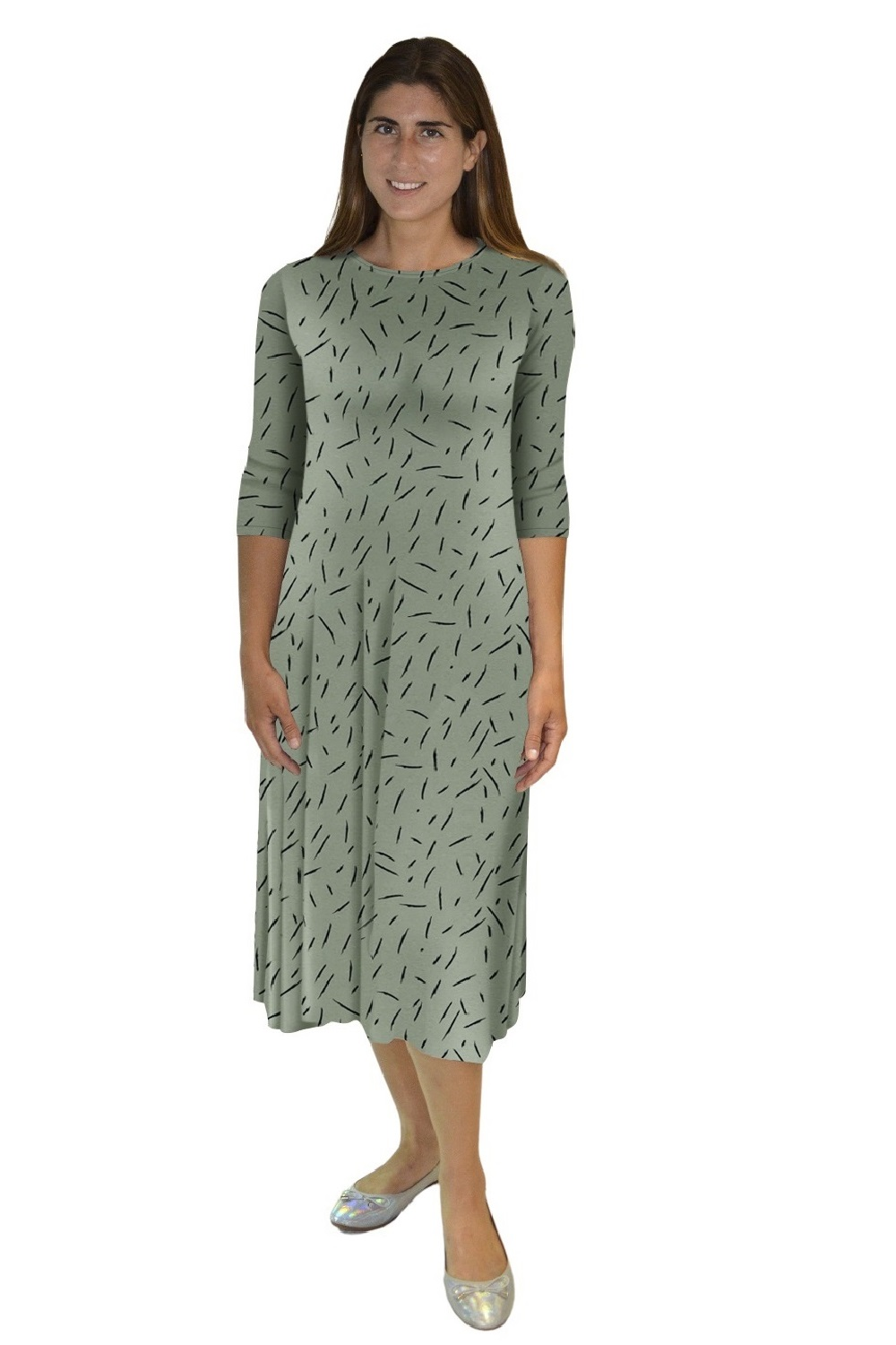 Mid-Calf 3/4 Sleeve Swing Dress with Pockets by Kosher Casual USA