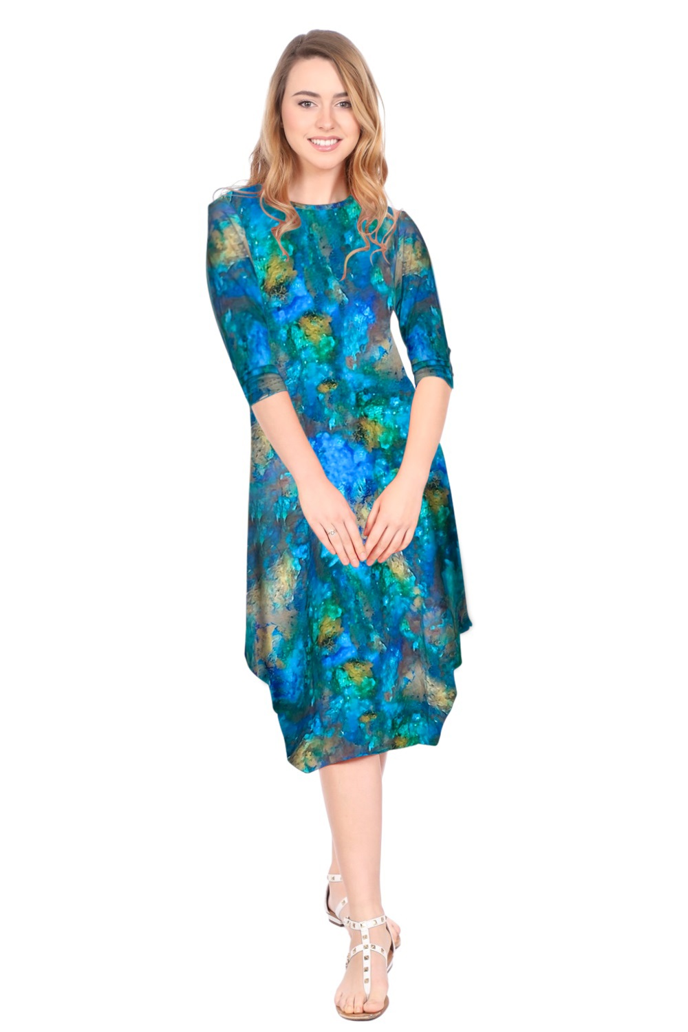 Flowing Midi Dress with 3/4 Sleeves and Dramatic Drape by Kosher Casual USA