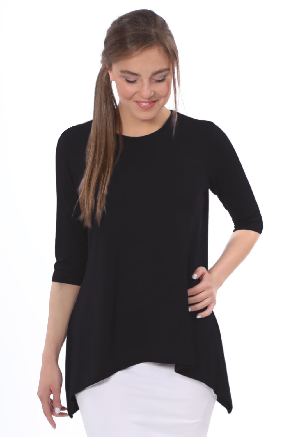 Modest Handkerchief Tunic Top - 3/4 Sleeve Comfort Flow Design by Kosher Casual USA