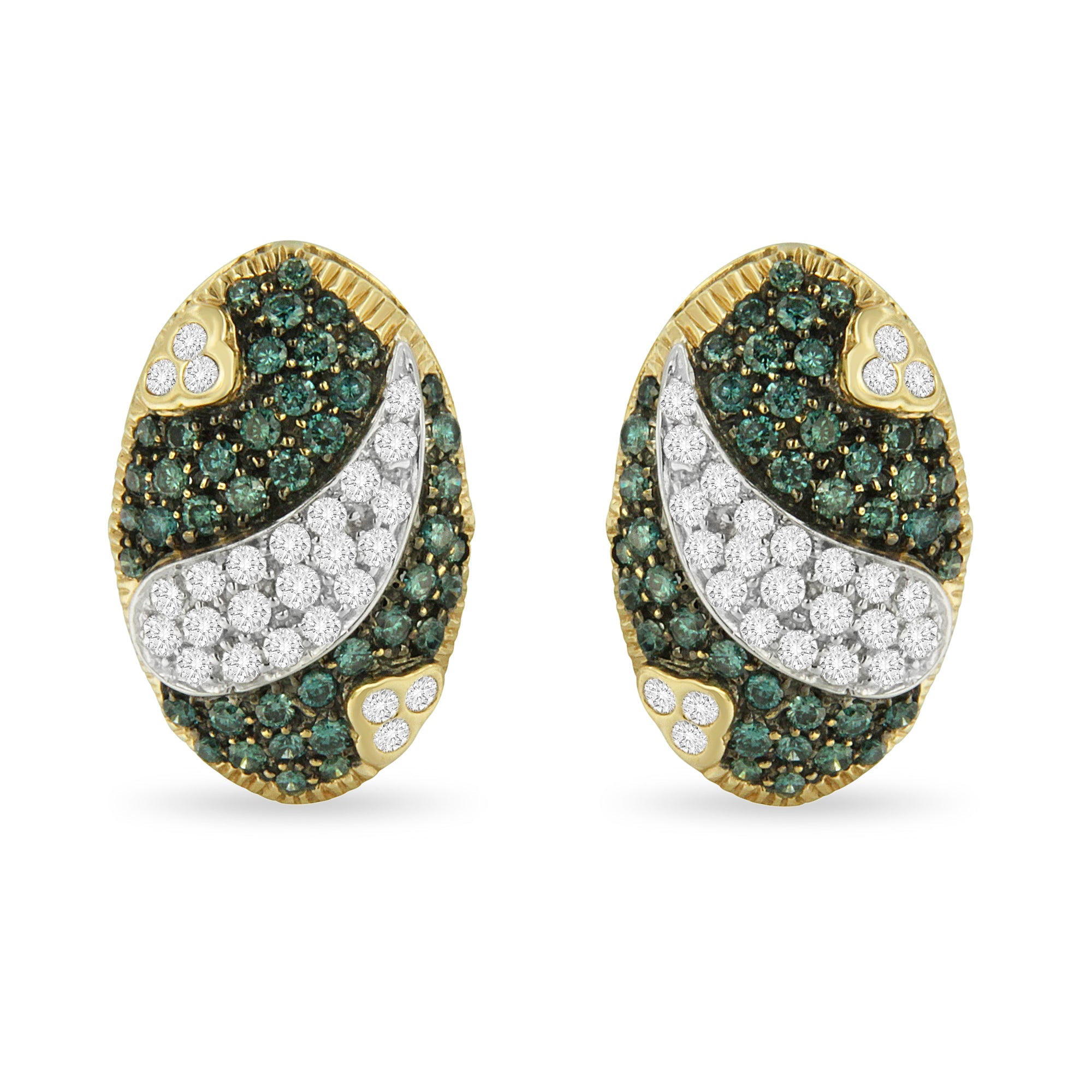 Black and White Rhodium over 14K Yellow Gold 2-1/10 Cttw White and Blue Diamond Oval Omega Back Stud Earrings (H-I and Blue Color, SI1-SI2 Clarity) by Bids.com
