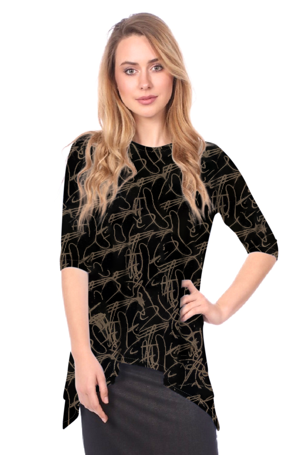 Modest Handkerchief Tunic Top - 3/4 Sleeve Comfort Flow Design by Kosher Casual USA