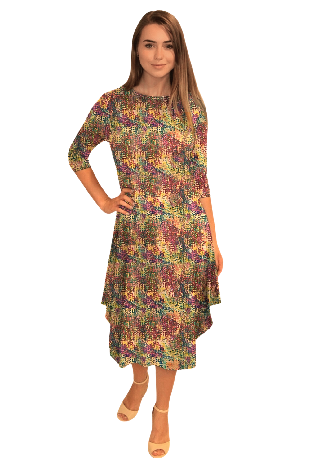 Flowing Midi Dress with 3/4 Sleeves and Dramatic Drape by Kosher Casual USA