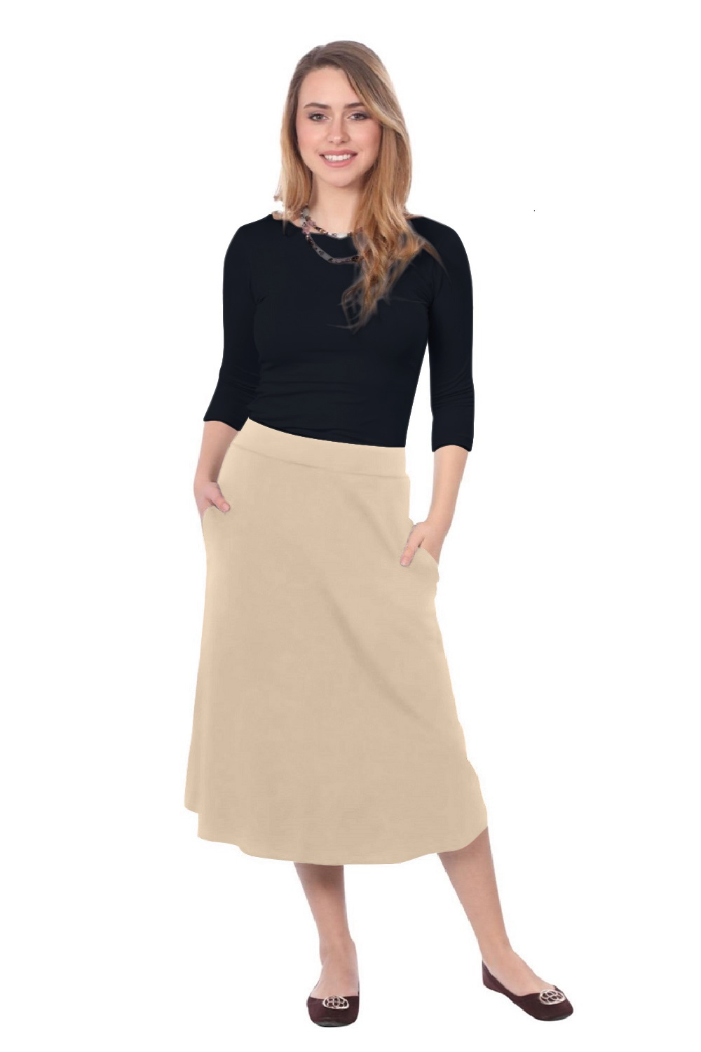 The Perfect A-Line Midi Skirt with Pockets by Kosher Casual USA