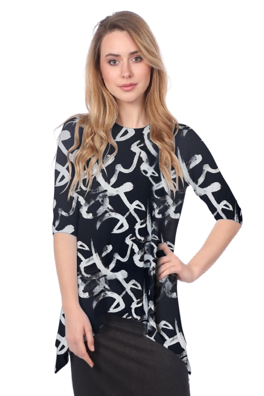 Modest Handkerchief Tunic Top - 3/4 Sleeve Comfort Flow Design by Kosher Casual USA
