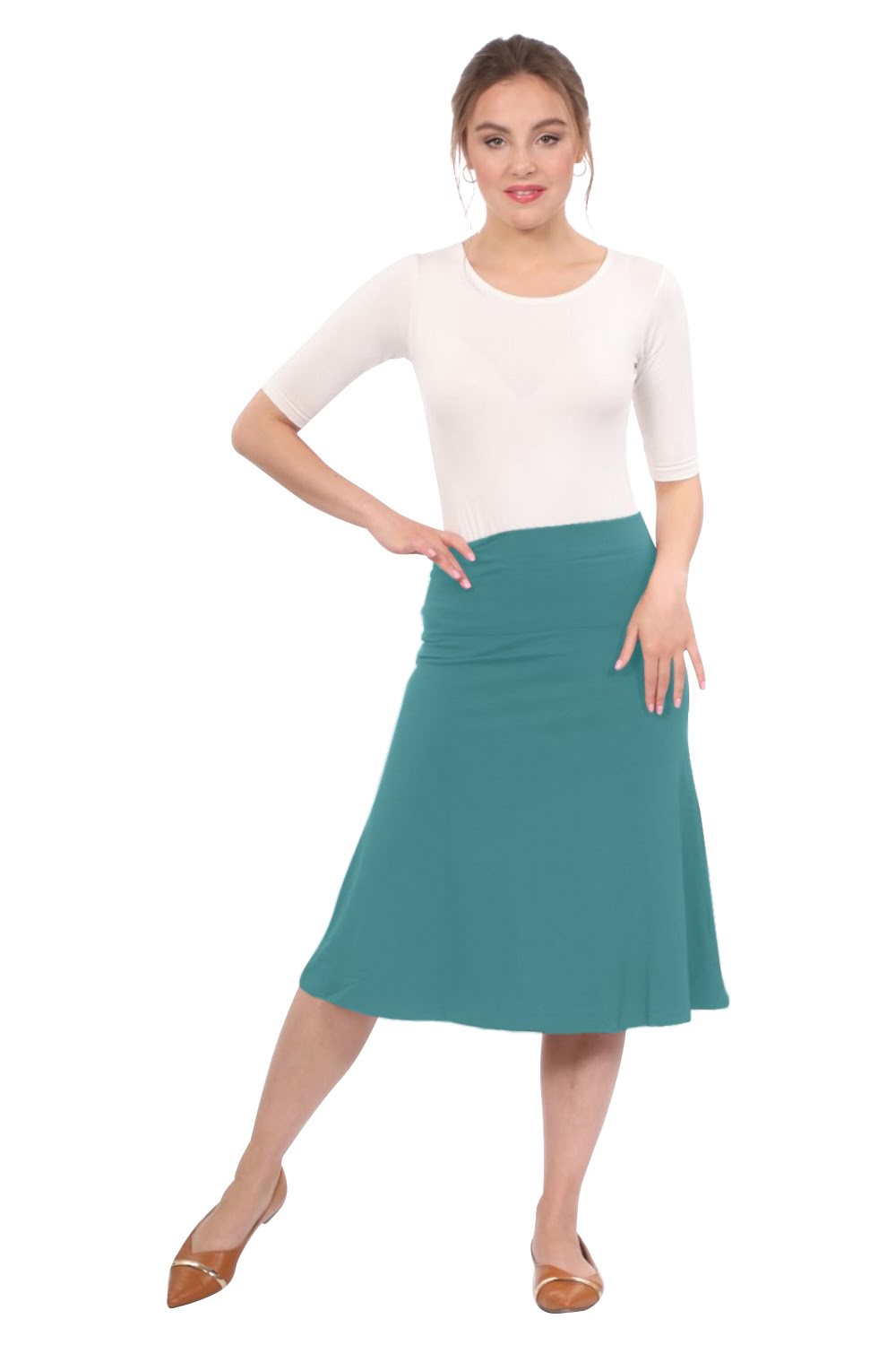 Sleek A-Line Adjustable Waist Midi Skirt with Fold-Over Waistband by Kosher Casual USA