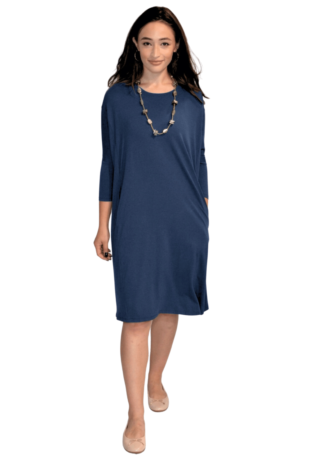 Relaxed Fit Modest 3/4 Sleeve Knee-Length Dress with Pockets by Kosher Casual USA