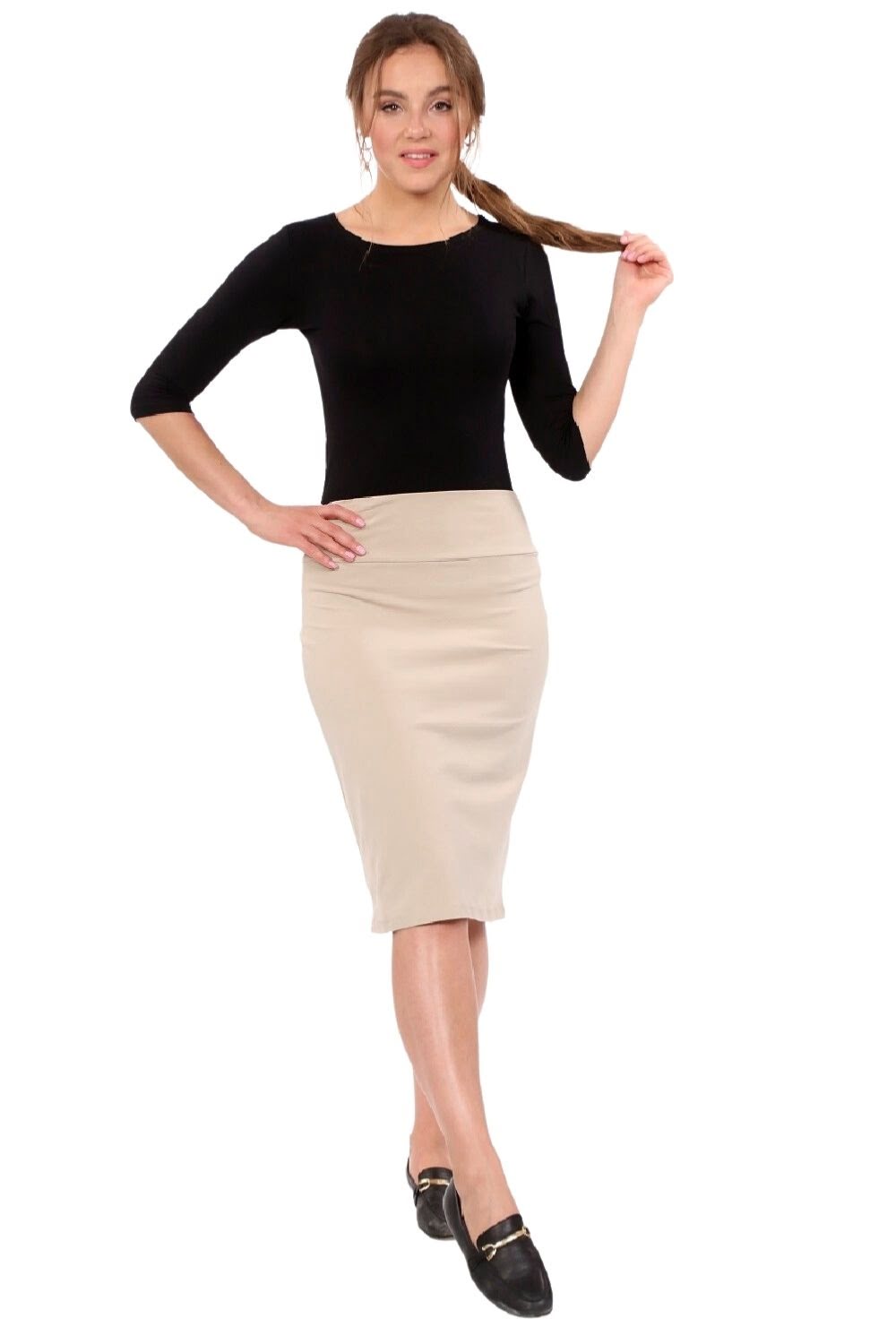 Modest Stretch Knee Length Pencil Skirt in Cotton Spandex by Kosher Casual USA