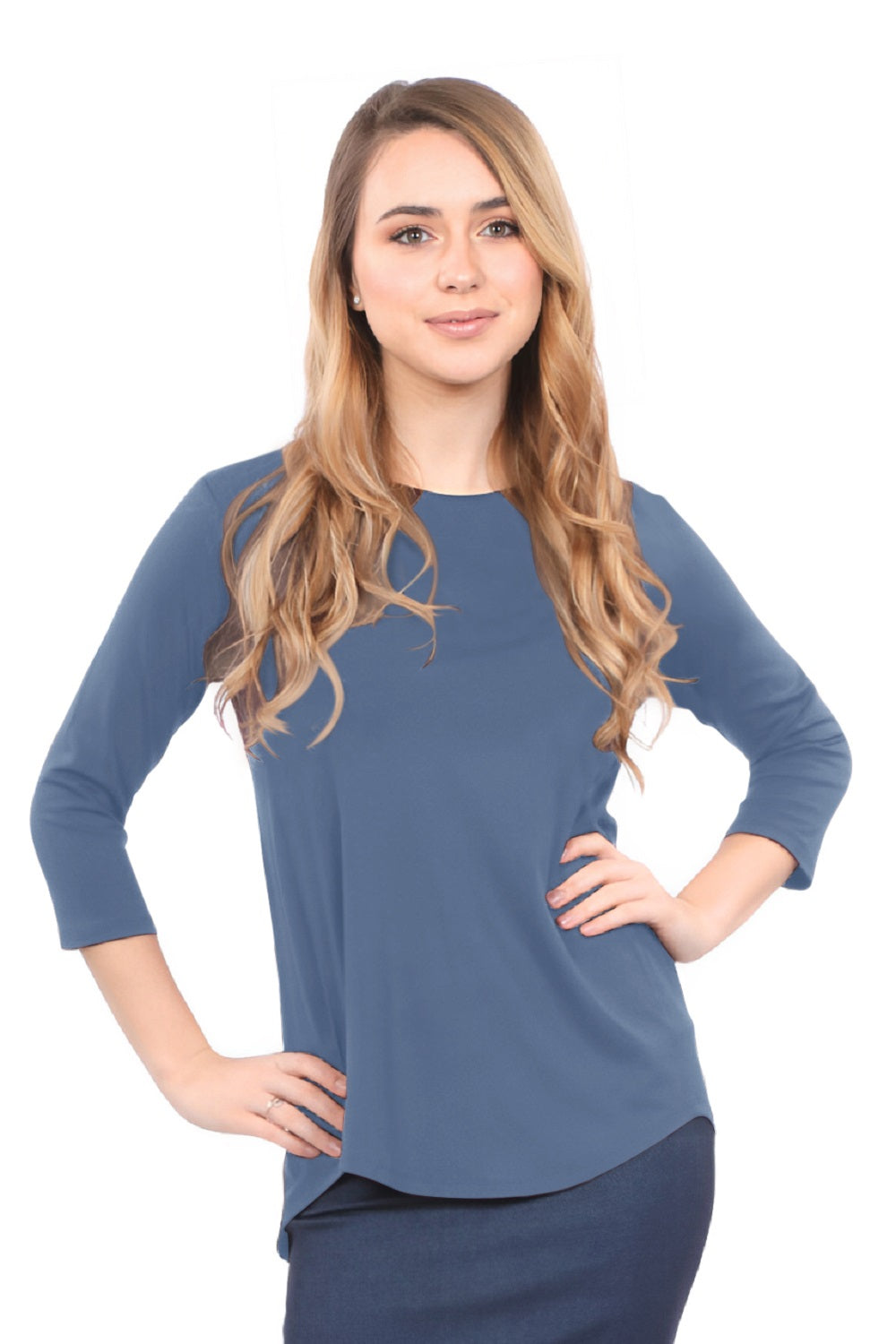 3/4 Sleeve Curved Hem Tunic Top - Breathable Viscose Spandex by Kosher Casual USA