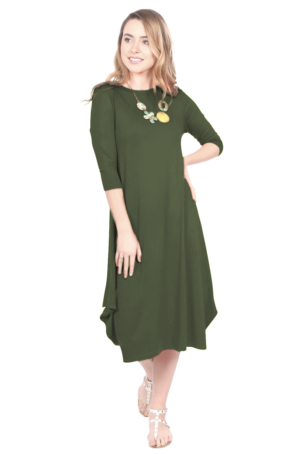 Flowing Midi Dress with 3/4 Sleeves and Dramatic Drape by Kosher Casual USA