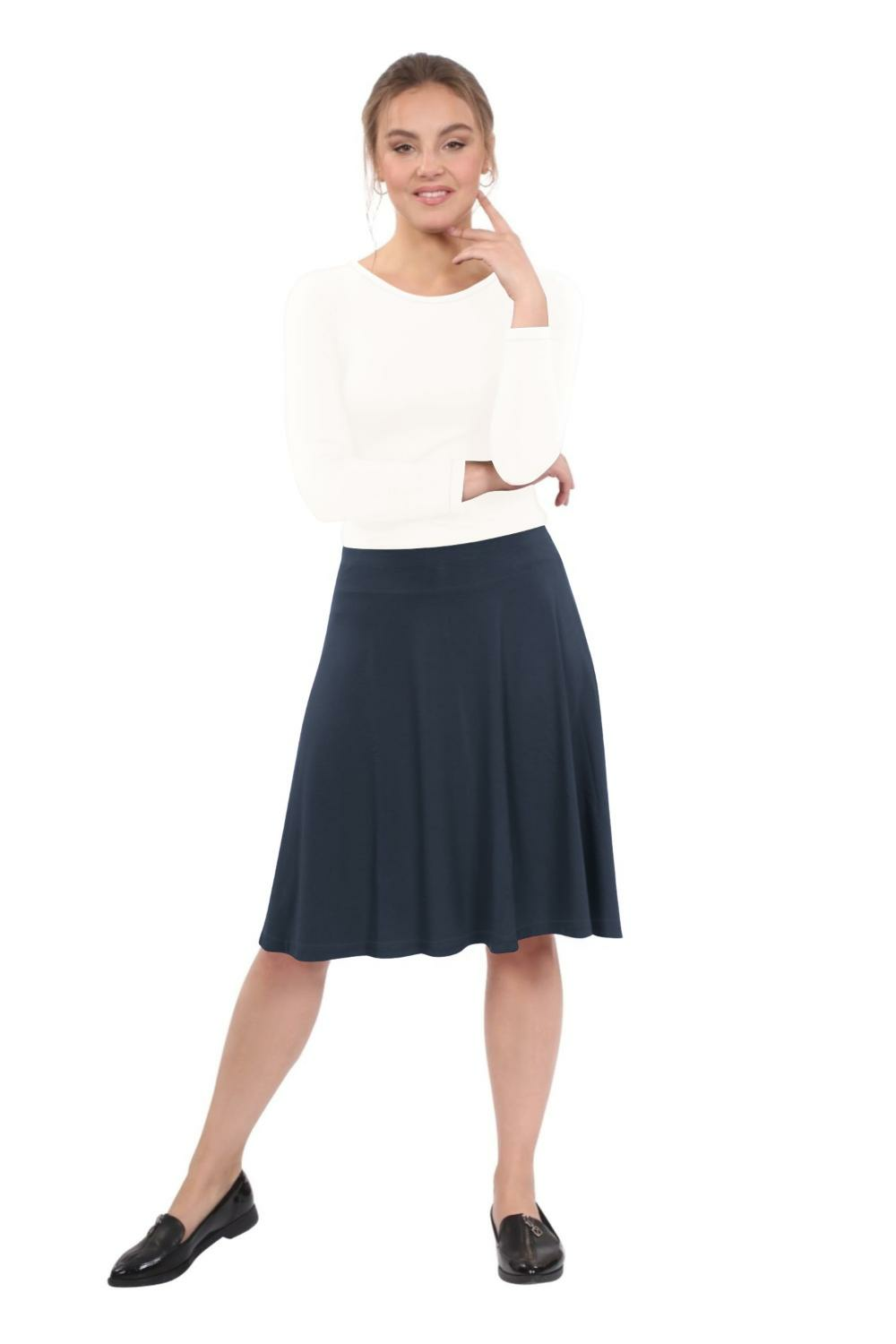 Knee Length A-Line Skater Skirt with Full Elastic Waist by Kosher Casual USA