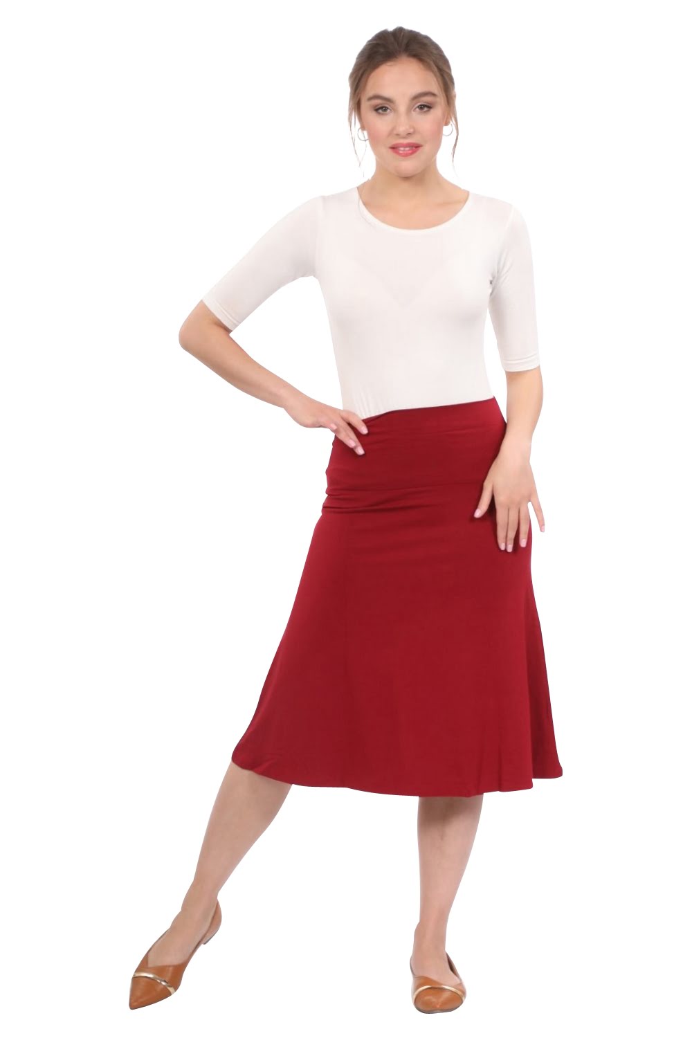Sleek A-Line Adjustable Waist Midi Skirt with Fold-Over Waistband by Kosher Casual USA