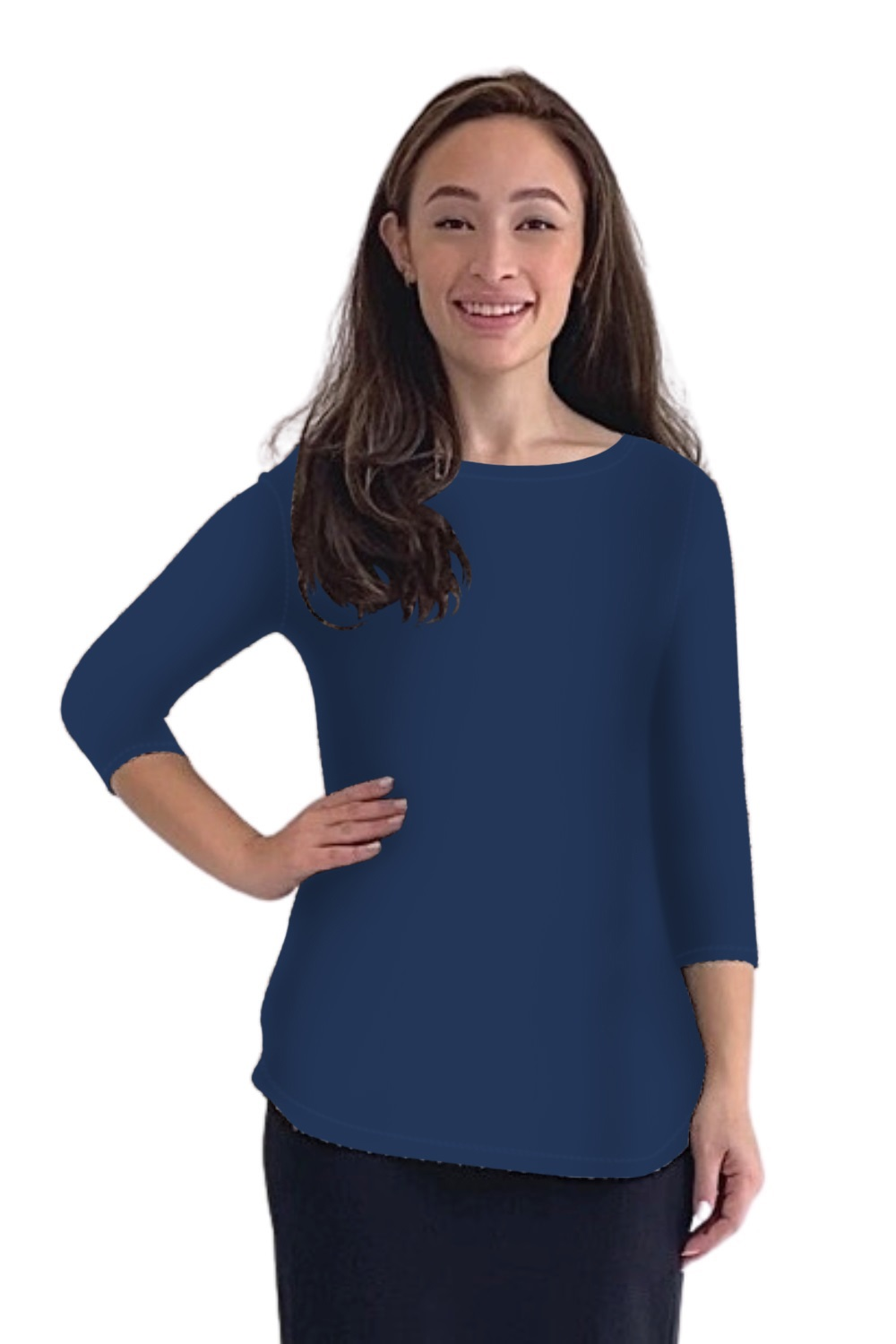 Curved Side Hem Tunic with 3/4 Sleeves and Modest Crew Neckline by Kosher Casual USA