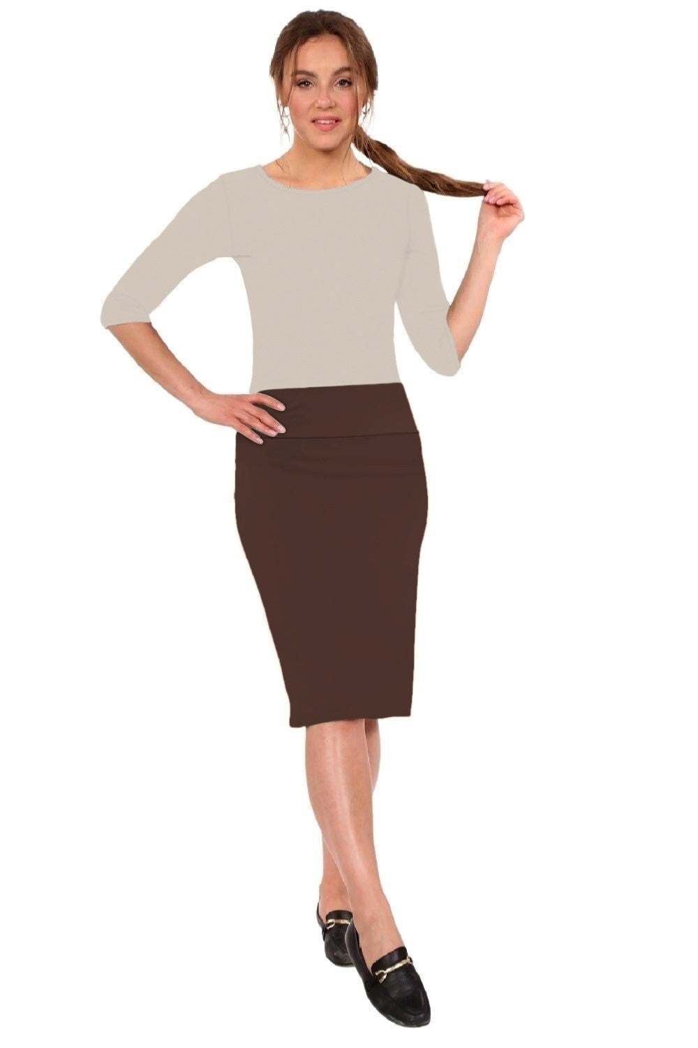 Modest Stretch Knee Length Pencil Skirt in Cotton Spandex by Kosher Casual USA