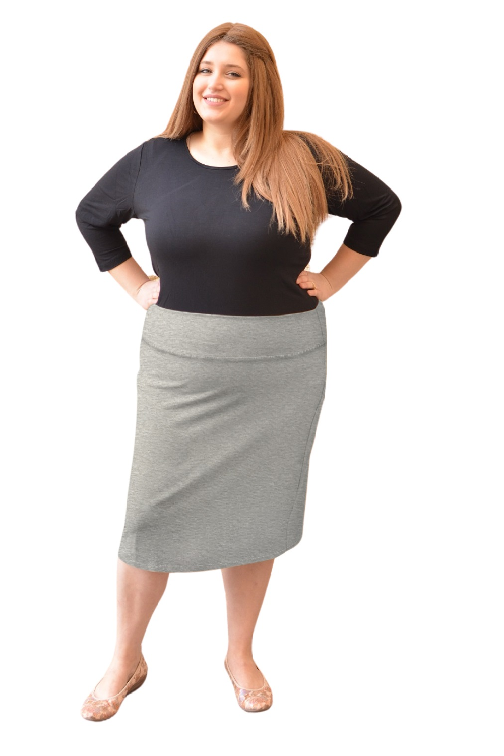 Plus Size Modest Stretch Knee Length Pencil Skirt in Cotton Spandex