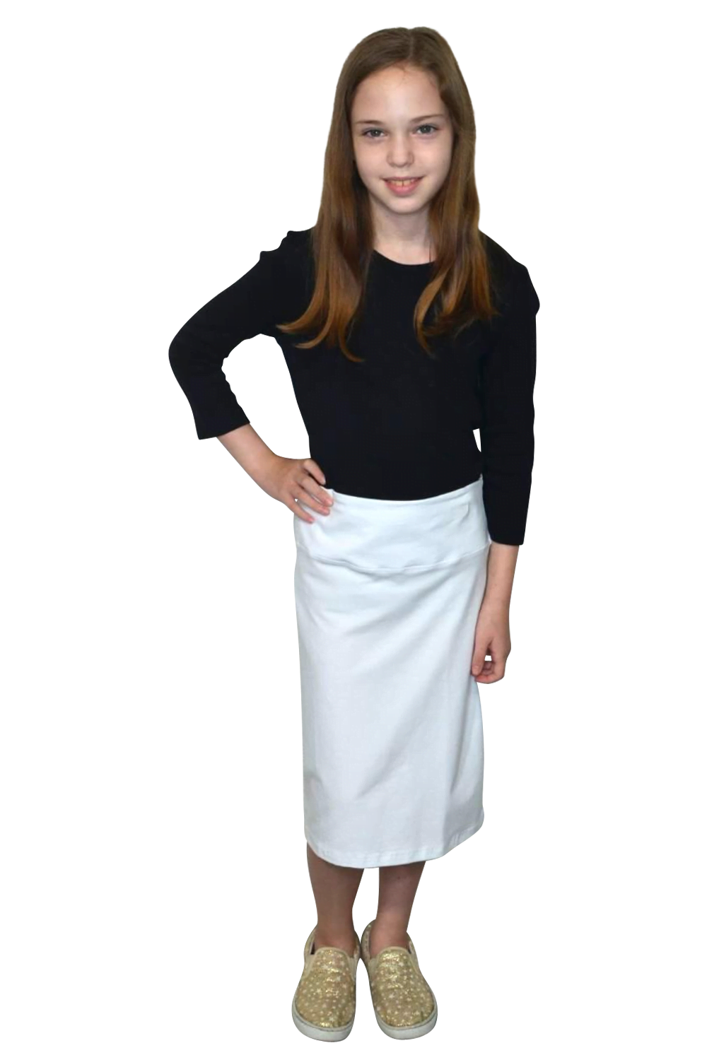 Girls Stretch Knee Length Pencil Skirt in Cotton Spandex by Kosher Casual USA