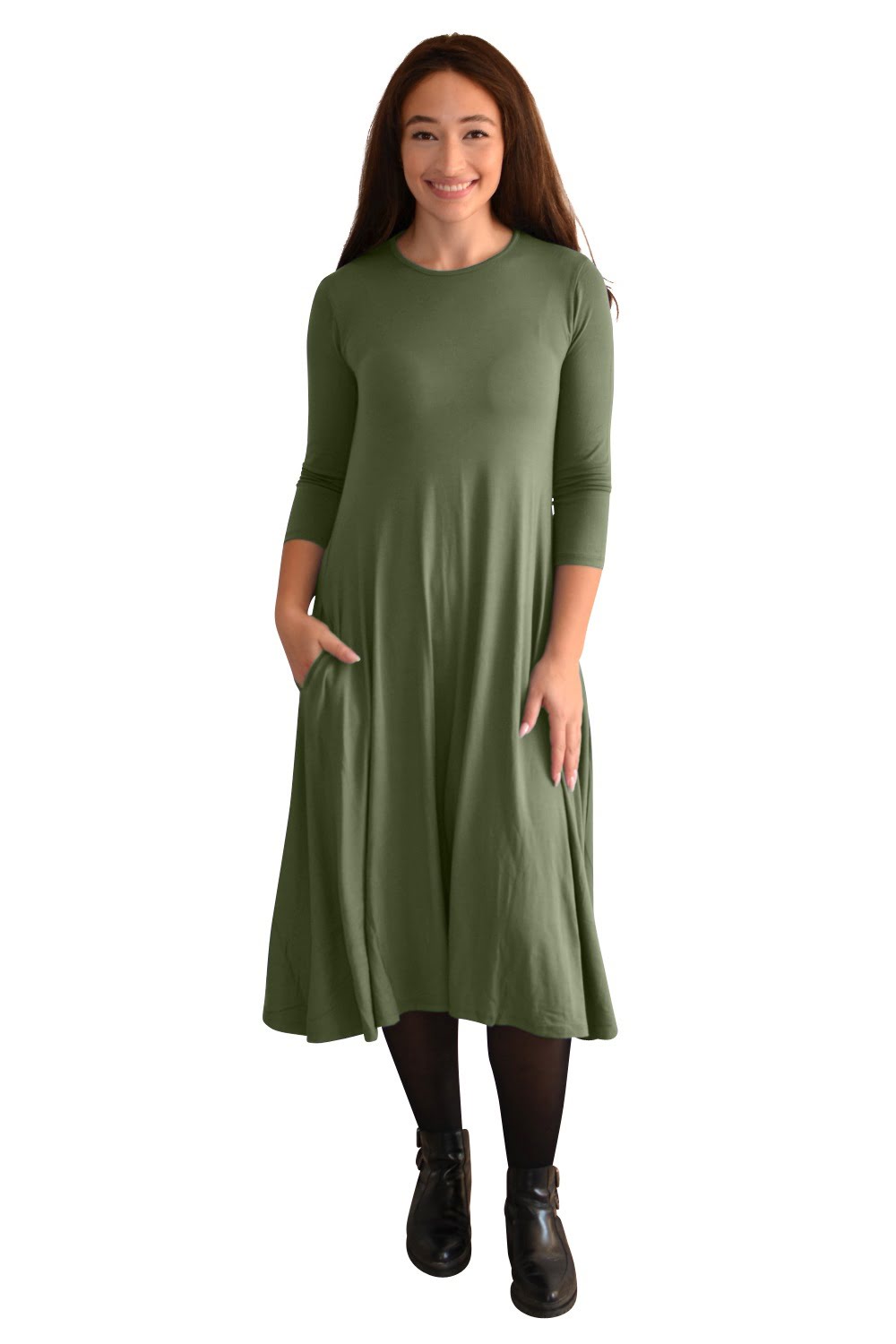 Mid-Calf 3/4 Sleeve Swing Dress with Pockets by Kosher Casual USA