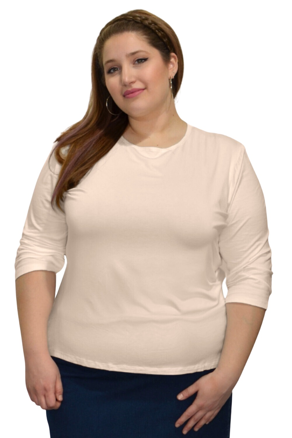 Plus Size - Essential 3/4 Sleeve Modest Crew Neckline Shell - Versatile Layering Top DestGlow