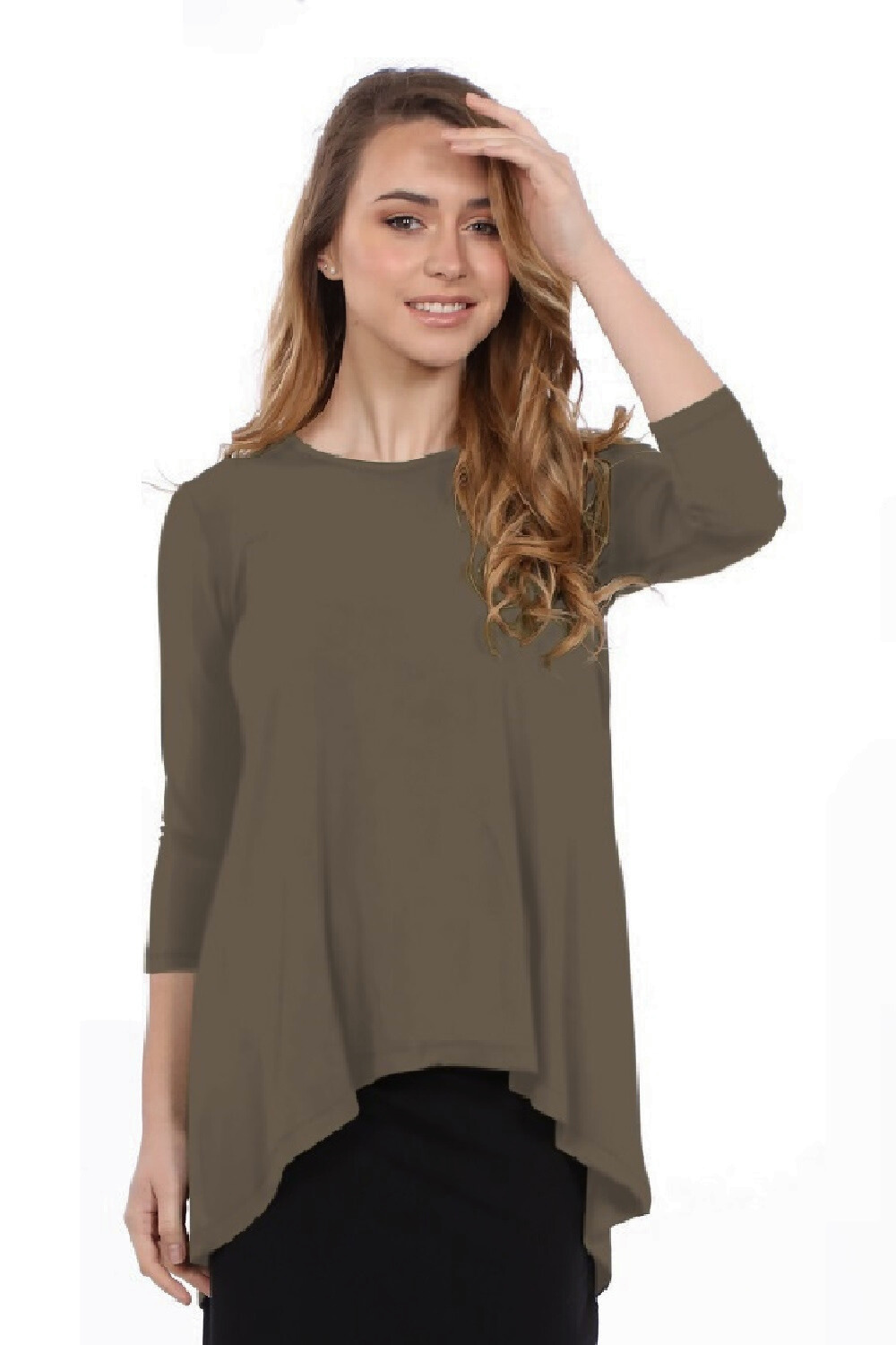 Hi-Lo Flowing 3/4 Sleeve Modest Tunic Top by Kosher Casual USA