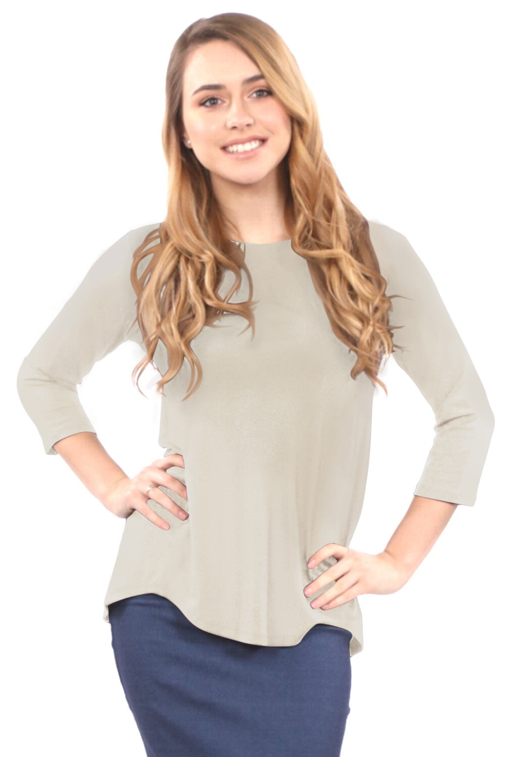 3/4 Sleeve Curved Hem Tunic Top - Breathable Viscose Spandex by Kosher Casual USA