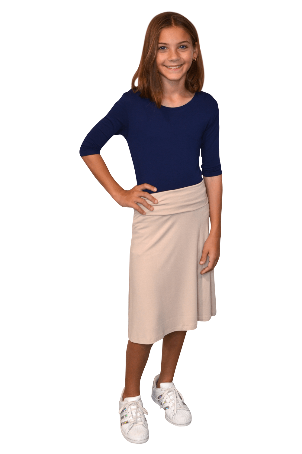 Girls A-Line Midi Skirt with Adjustable Fold-Over Waist by Kosher Casual USA