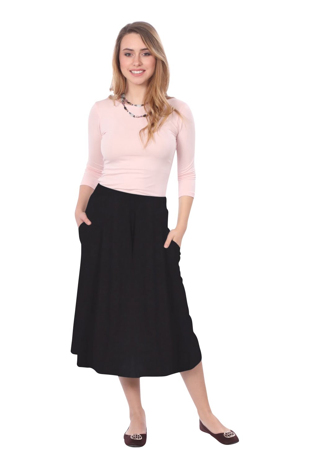 The Perfect A-Line Midi Skirt with Pockets by Kosher Casual USA