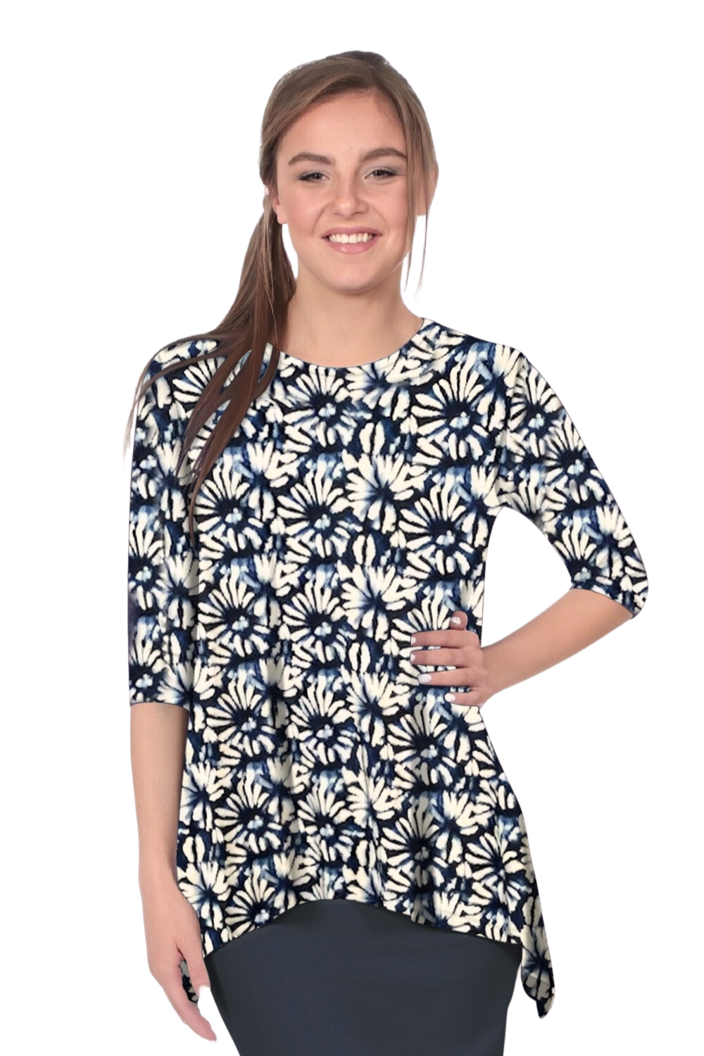 Modest Handkerchief Tunic Top - 3/4 Sleeve Comfort Flow Design by Kosher Casual USA