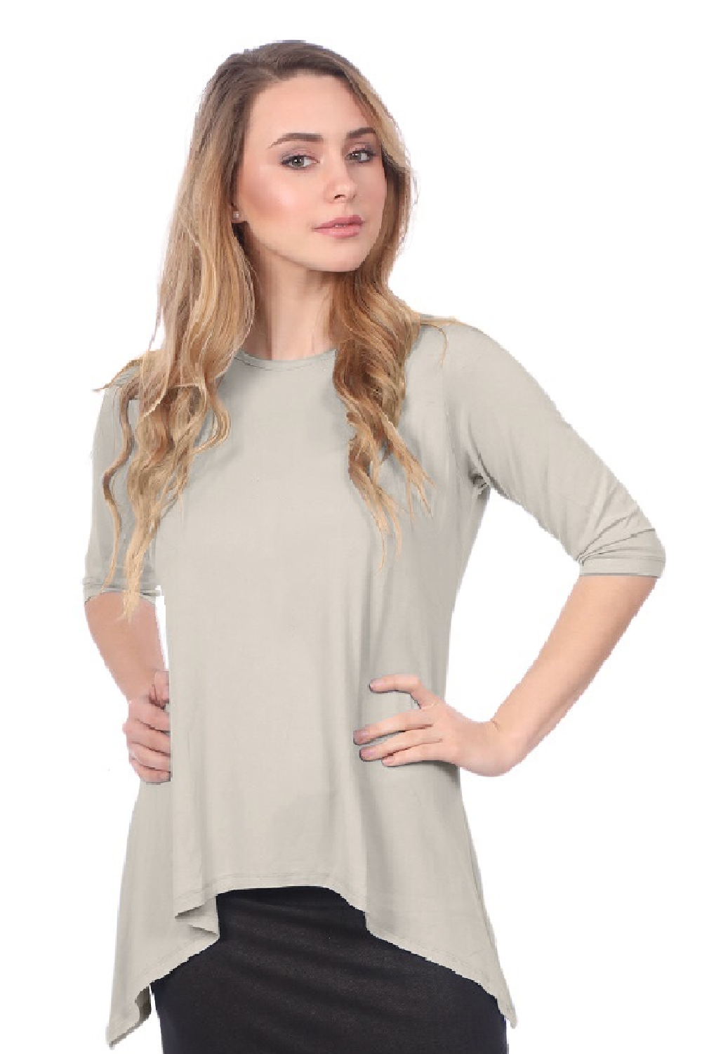 Modest Handkerchief Tunic Top - 3/4 Sleeve Comfort Flow Design by Kosher Casual USA