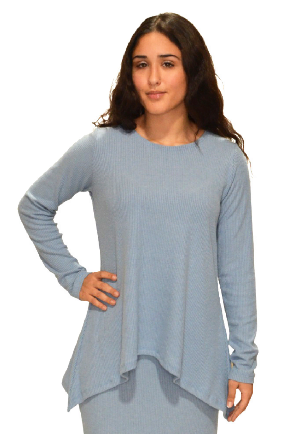Long Sleeve Ribbed Sweater Tunic with Handkerchief Hem by Kosher Casual USA