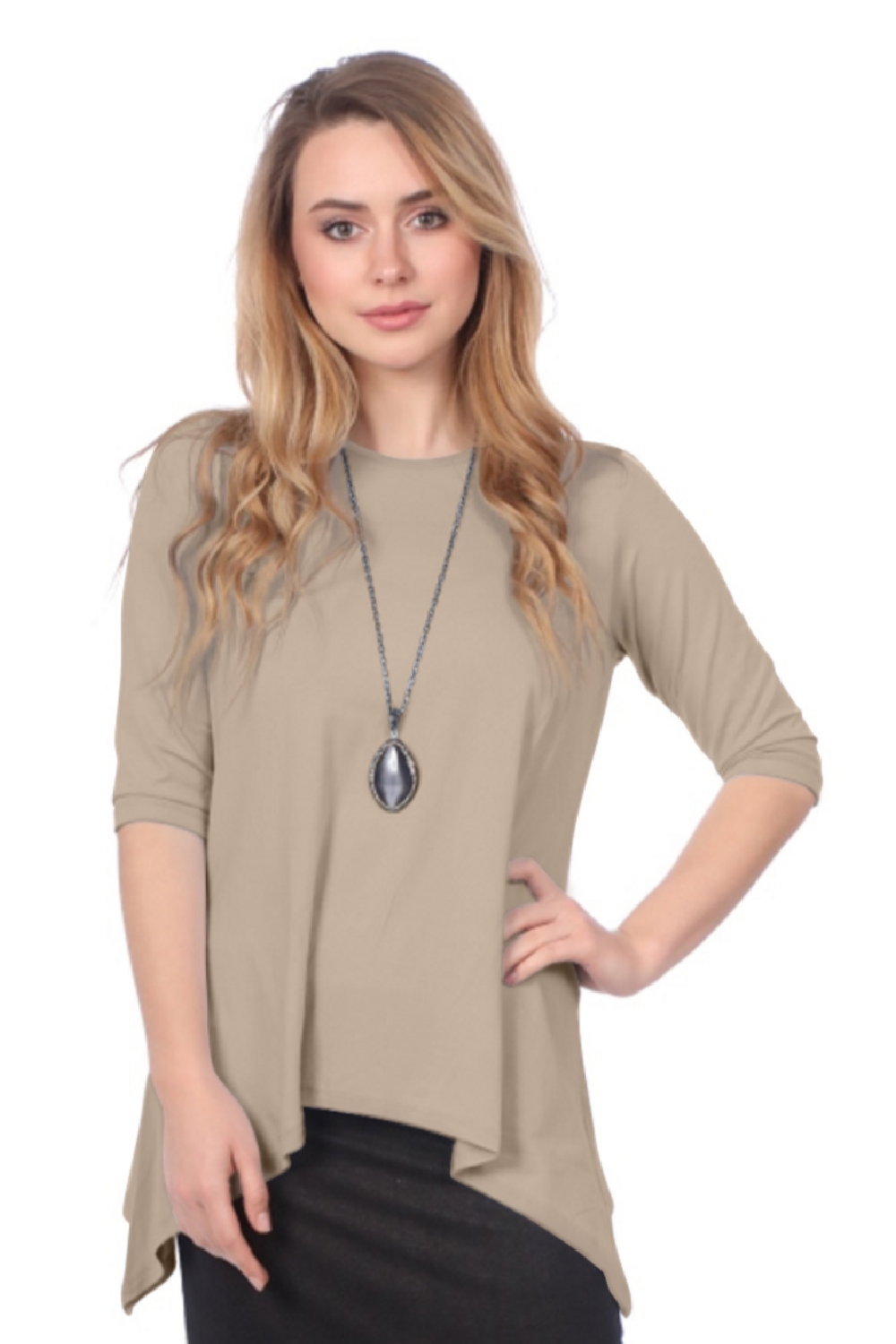 Modest Handkerchief Tunic Top - 3/4 Sleeve Comfort Flow Design by Kosher Casual USA