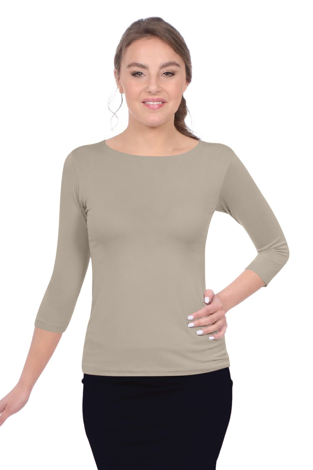 Fitted 3/4 Sleeve Layering Shell - High Round Neckline Slim-Fit Undershirt by Kosher Casual USA