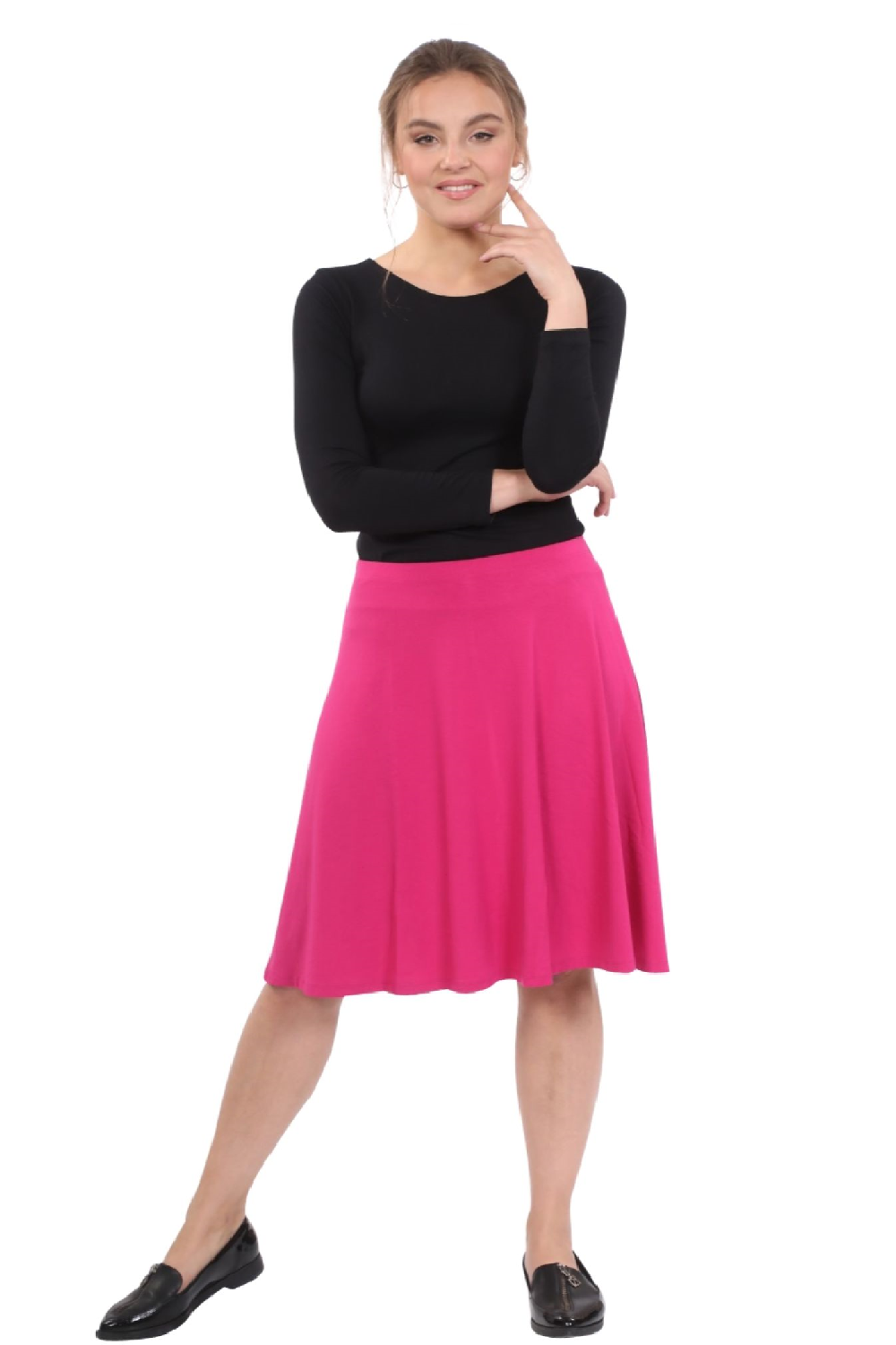 Knee Length A-Line Skater Skirt with Full Elastic Waist by Kosher Casual USA